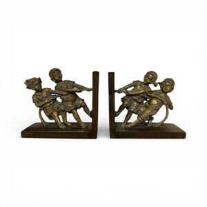 Pair Of Vintage Bronze Toned Bookends Children Pulling Rope Tug Of War